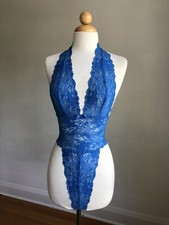 STUNNING VTG FREDERICK  S OF HOLLYWOOD Blue Stretchy Lace Teddy Romper Lingerie S