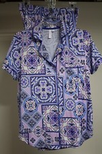 JOYSPUN 2 Pc Pajamas Notch Collar Button Up Short Sleeve Top Elastic Capri Pant