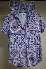 JOYSPUN 2 Pc Pajamas Notch Collar Button Up Short Sleeve Top Elastic Capri Pant