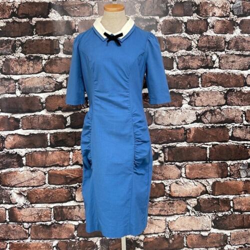 Emmy Sheath Dress Women's 10 Blue White NWT Short Sleeve Collar Bow Ruched Midi - 第 4/16 張圖片
