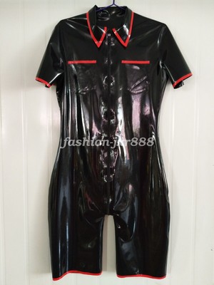 Latex Full Rubber Jumpsuit Black and Red Sports Short Tight Catsuit S-XXL 0.4mm