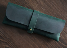 pencil pen Stationery bag hold cover Cosmetics pouch Leather case green H464