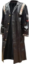 Men Black Real Leather Western Style Cowboy Coat Fringed & Beaded - Long Coat 