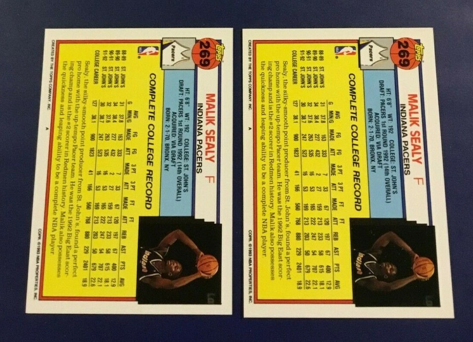 1992-1993 Topps # 269 MALIK SEALY ROOKIE Indiana Pacers St. Johns 14th ...