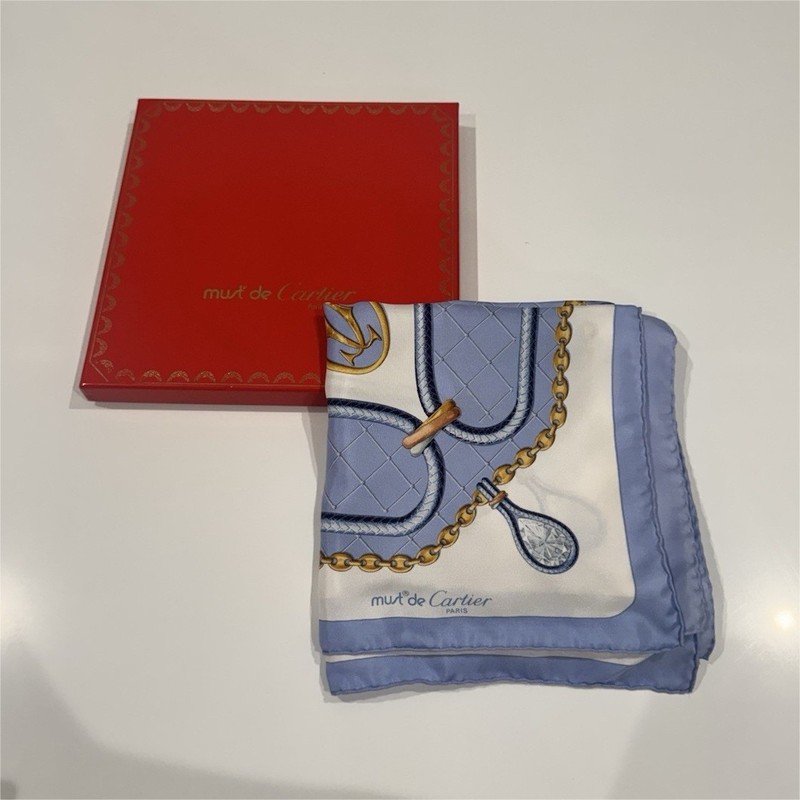 Cartier Must de Cartier Silk Square Scarf Blue White Gold Geometric