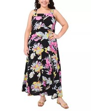Vince Camuto Plus Floral Square‑Neck Smocked‑Back Maxi Dress Black 1X NWOT $79