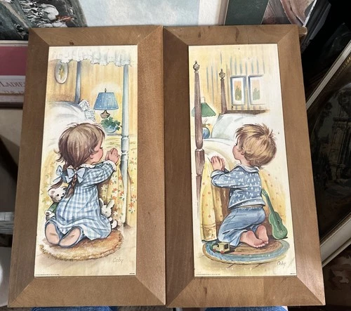 Vts Prints 1979 Lithograph Pair Girl & Boy Praying At Bedtime Coby Pictures 