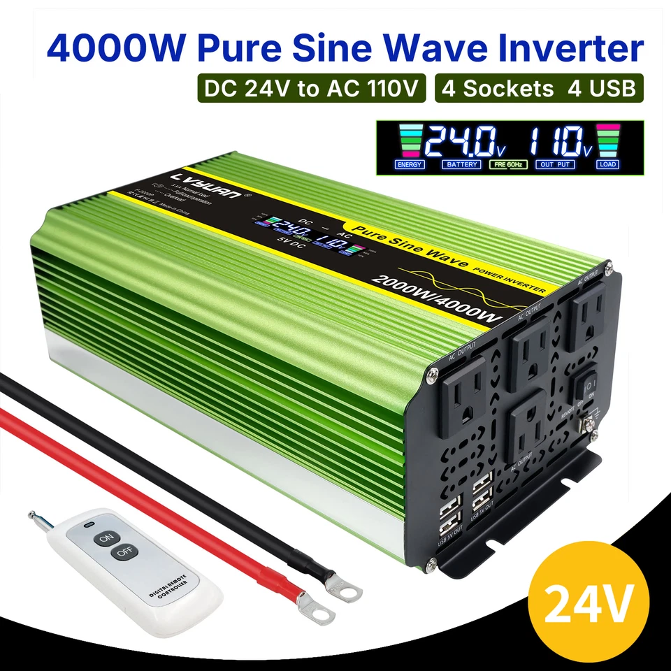 LVYUAN 4000W Peak Pure Sine Wave Power Inverter 24V to 110V with USB LCD Remote Control