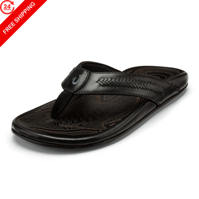 OluKai Mea Ola Mano Men's Leather Sandals, Everyday Flip 12, Dk Java/Mustang