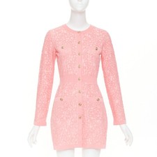 CHANEL 21C light pink embossed camelia boucle intarsia knit mini dress FR36 S