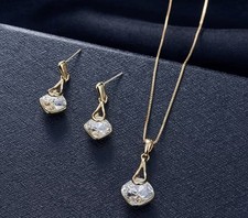 Gold Tone Yellow Gold Plated Crystal Pendant Necklace & Drop Earrings Set