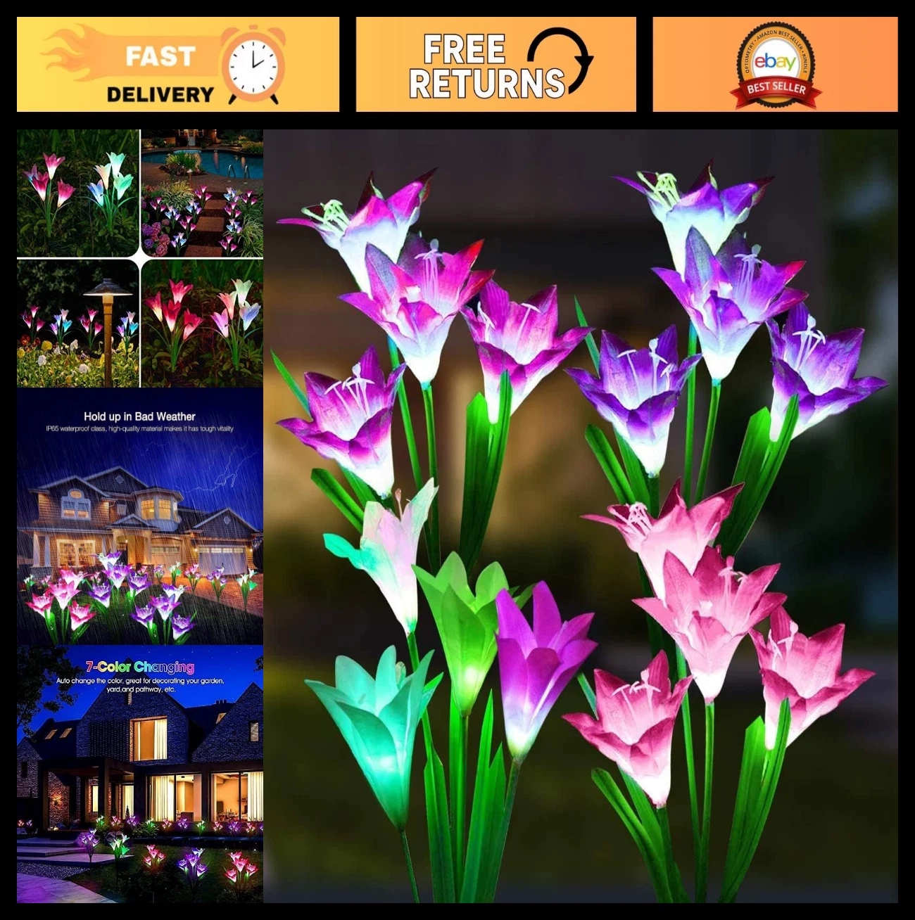 Multicolor LED Solar Garden Lights - 4 Pack Waterproof Lily Flower Decor for Pat