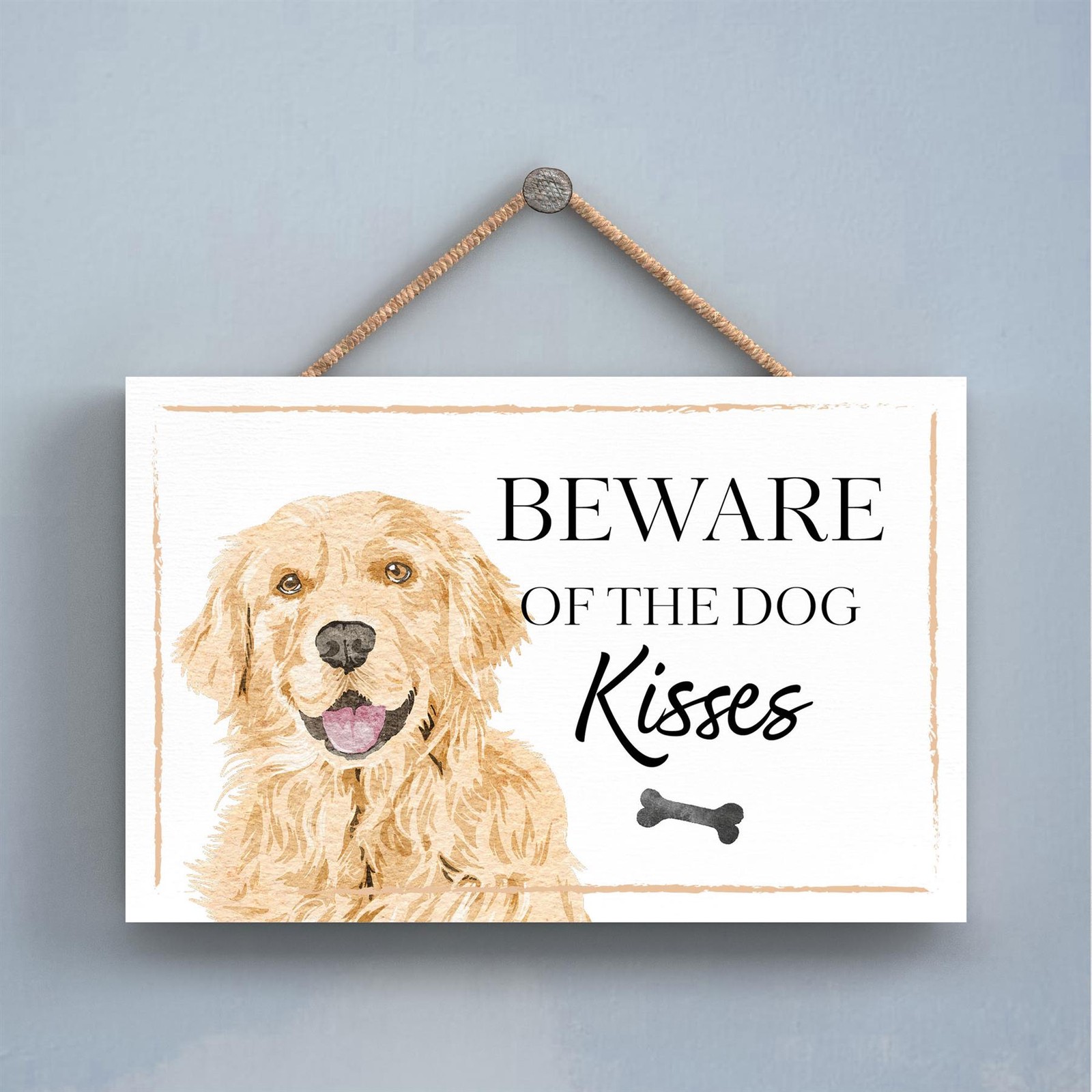 Golden Retriever Beware of Dog Kisses Gift Wooden Hanging Rectangle Plaque