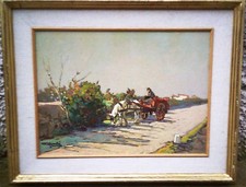 G. MEROLI - CAVALLO AL CARRO ROSSO - CAMPAGNA - VECCHIO QUADRO DIPINTO OLIO