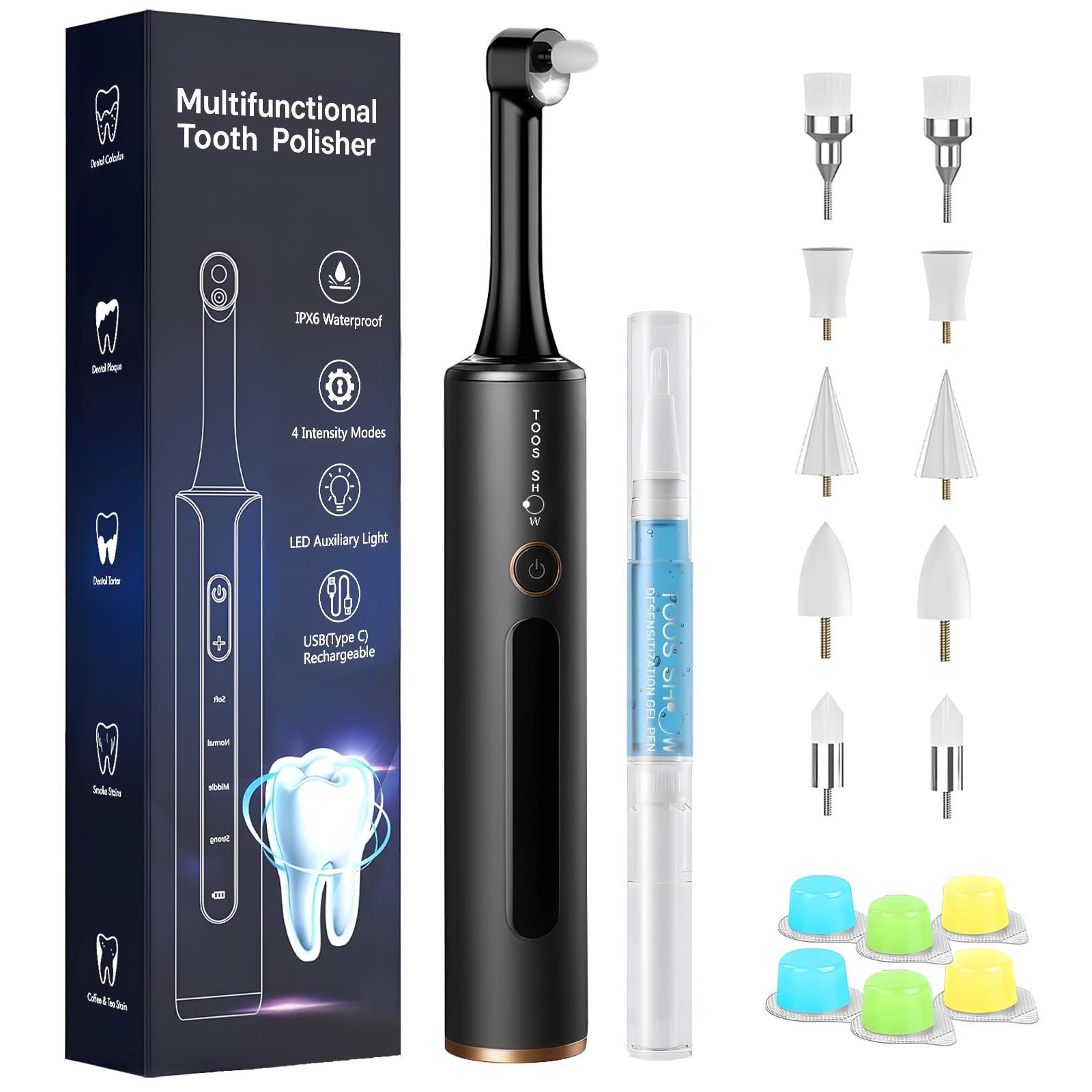 Tooth Polisher Kit with 4 Speed Modes, 5 Brush Heads, 6 Polishing Pastes & De...