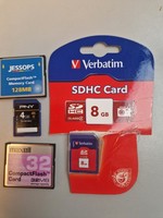 One NEW verbatim SDHC card 8 GB PLUS 3 used PNY 4GB maxall 32MB Jessops128MB