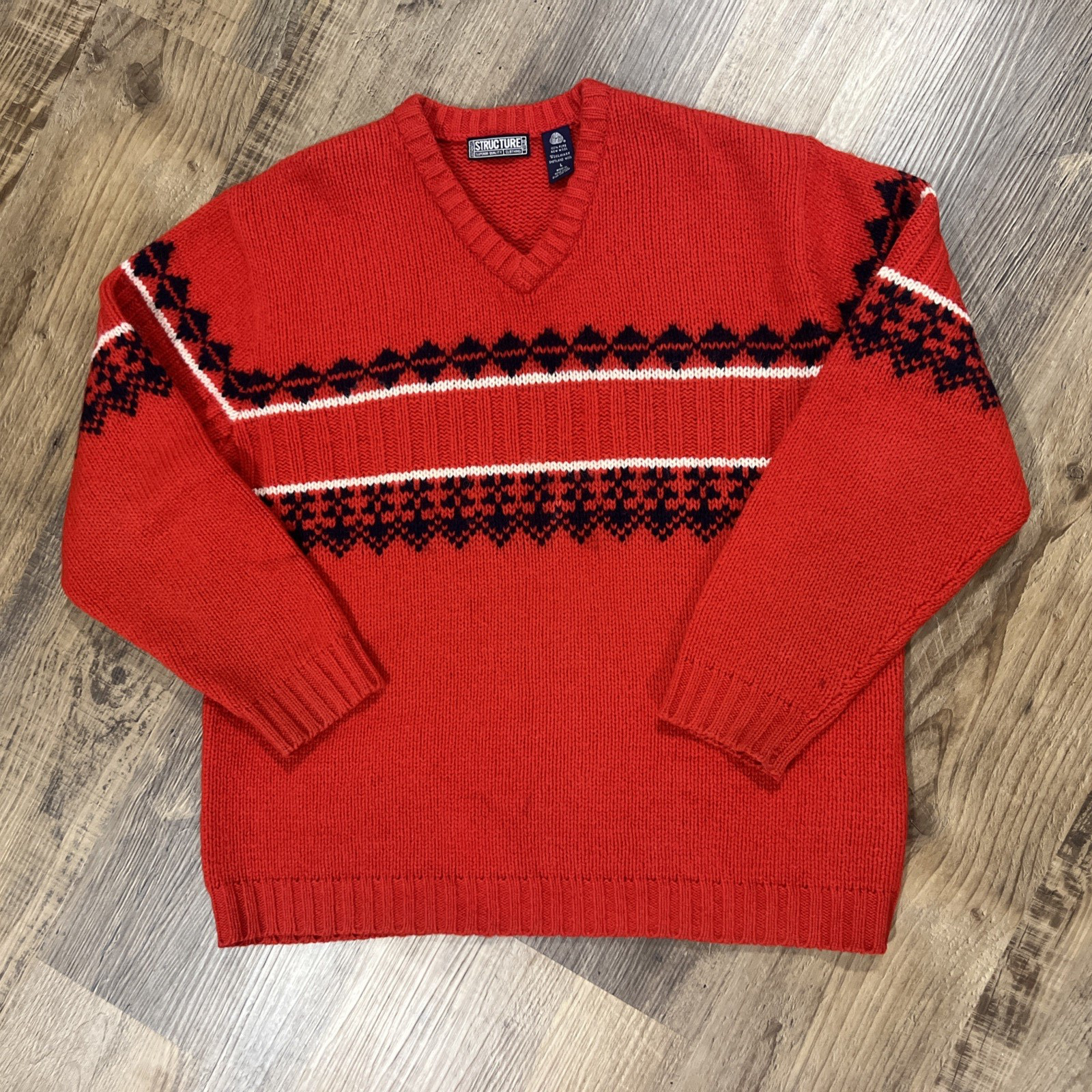 Vintage STRUCTURE 100% Pure New Sheltland Wool Sweater Men’s Sz L Red V Neck