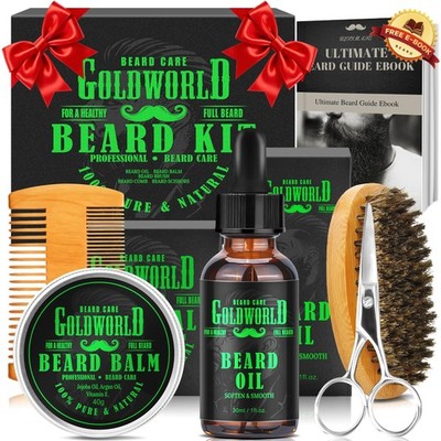 Beard Kit Grooming w/Beard Oil Balm Brush Comb 9 Piece Set, Orange 