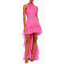 Mac Duggal 68029 Hot Pink High Low Pleated Halter Gown Beaded Waist NWT Size 2