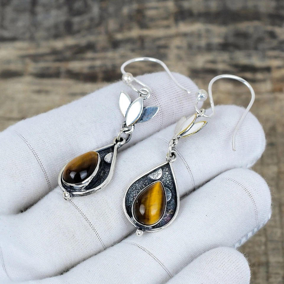 Naturale Tigre Occhio Gemma Orecchini 925 Argento Sterling Artigianale Gioielli - Immagine 2 di 4
