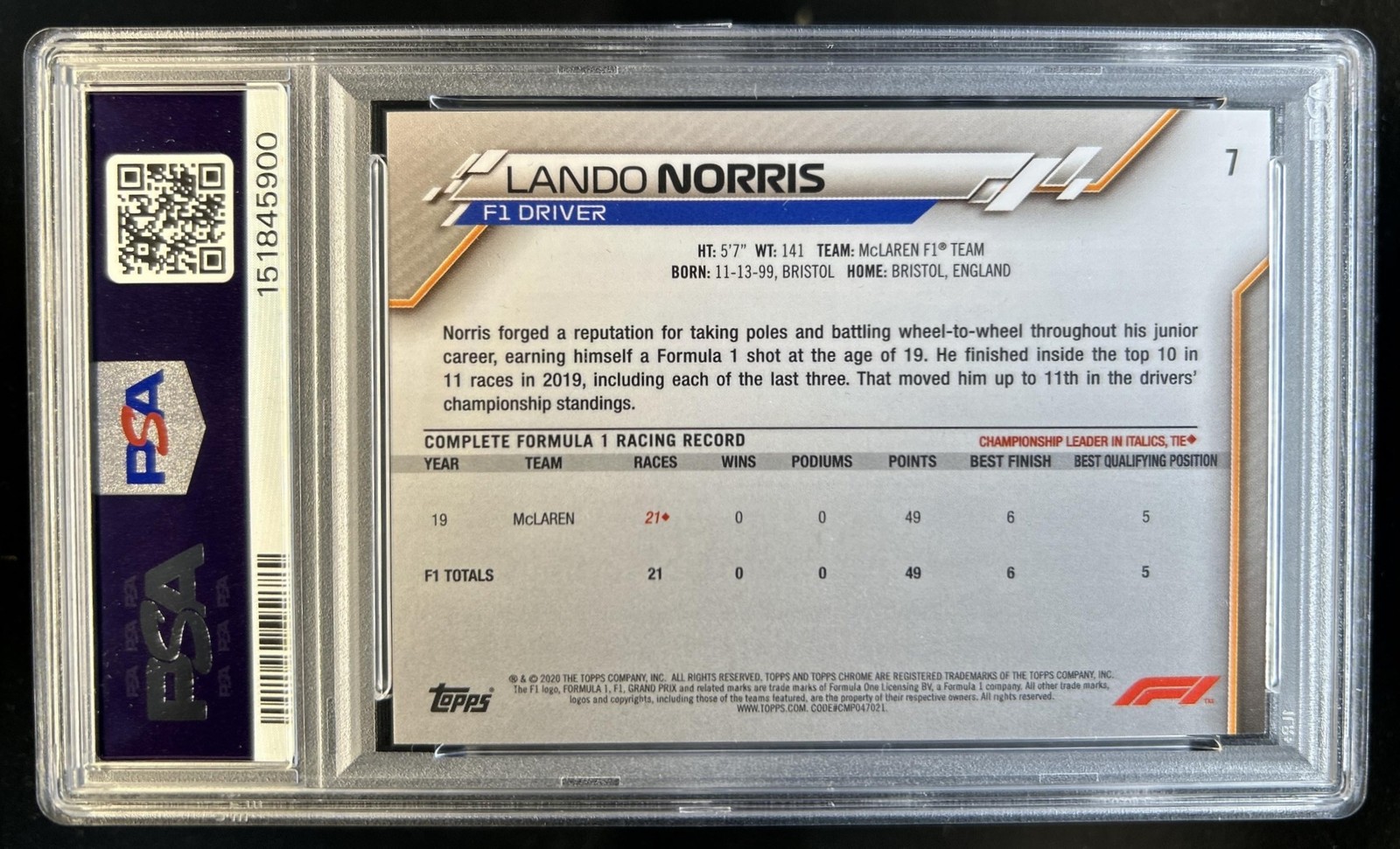 2020 Topps Chrome Sapphire F1 Lando Norris RC #7a PSA 10 GEM MINT Rookie view 2