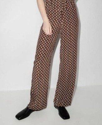 Staud Bonita Pants Womens 10AU 6US  Basket Weave Print Brown Side Zipper