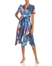 AQUA Scarf-Print Fit-and-Flare Dress, Blue Multi, Size- M
