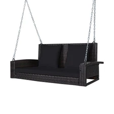 Patiojoy Patio Rattan Porch Swing 2-Seat Hanging Swing Chair Cushion Black