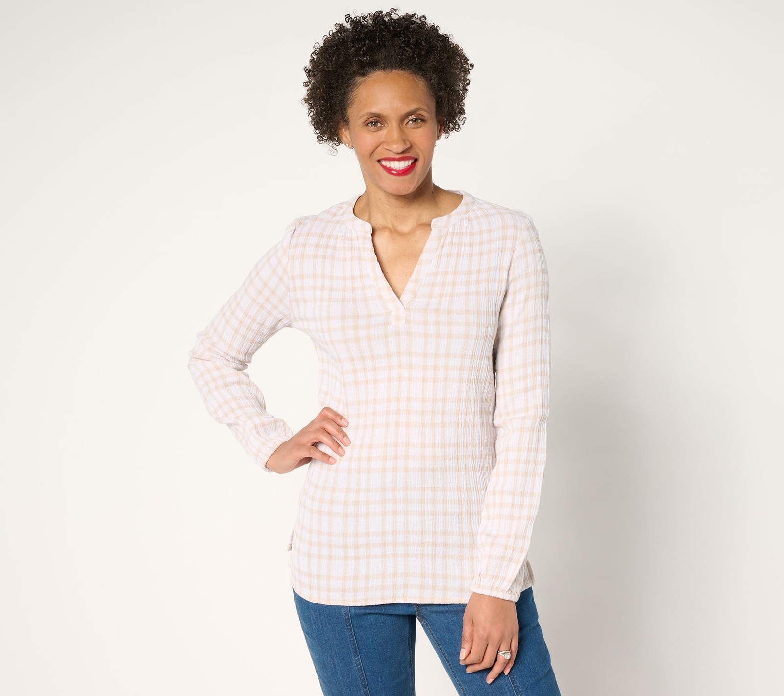 Belle by Kim Gravel Women's Top Sz S Pucker Perfect Plaid 100% White A679824