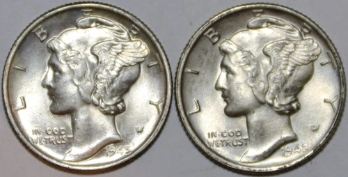 (2) Mercury Dimes - 90% Silver - 1942 1945 - AU - #0092E