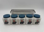 VTG McKee Tipp City 5pc Milk Glass Spice Jars Red Floral W/ Rack Blue Lids