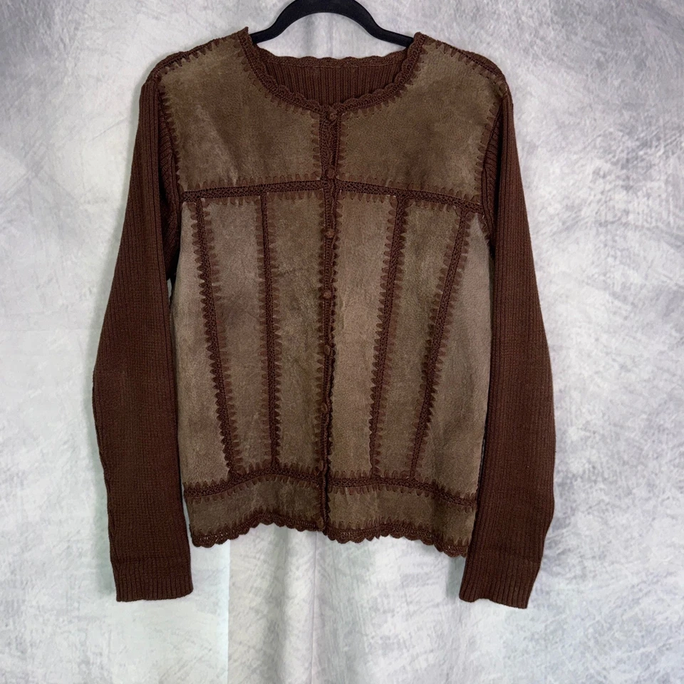 Suéter De Colección Años 90 Y2k Suroeste Western Talla L Marrón Gamuza Patchwork Crochet Ribete Foto 2 de 4