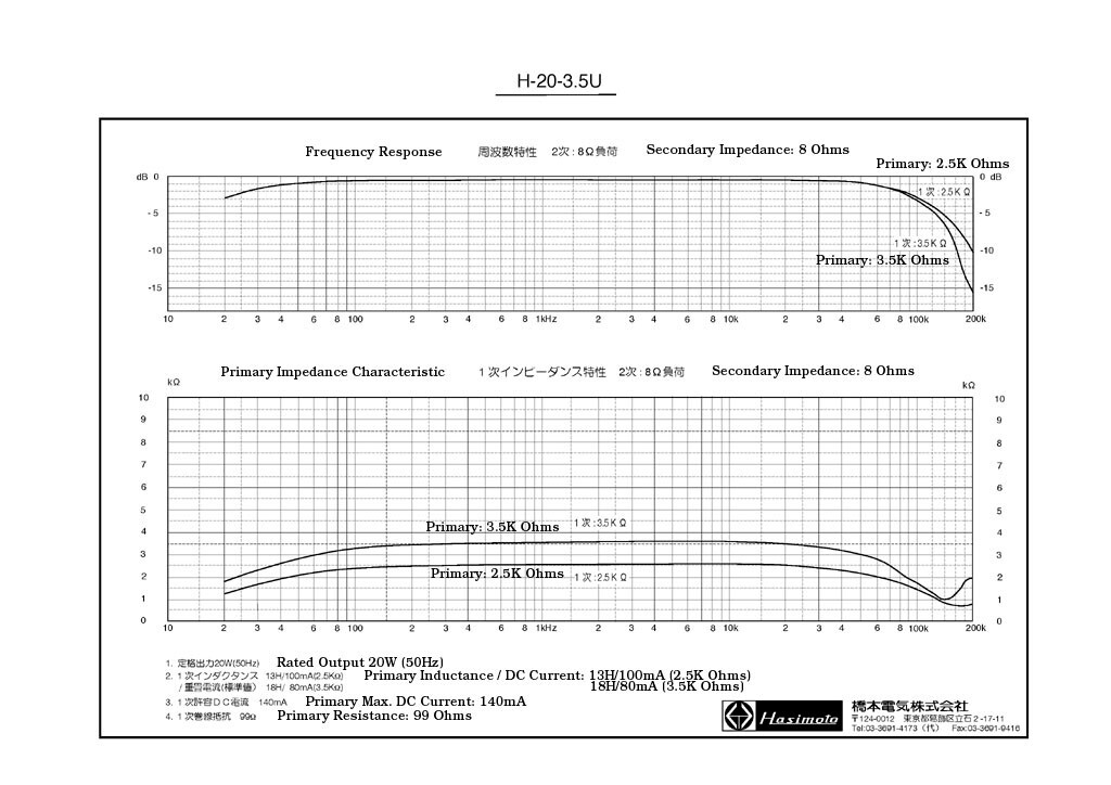 Hashimoto H-20-3.5U (Sansui) Output Trans 20W Single 2.5 Hashimoto H-20-3.5U (Sansui) Output Trans 20W Single 2.5