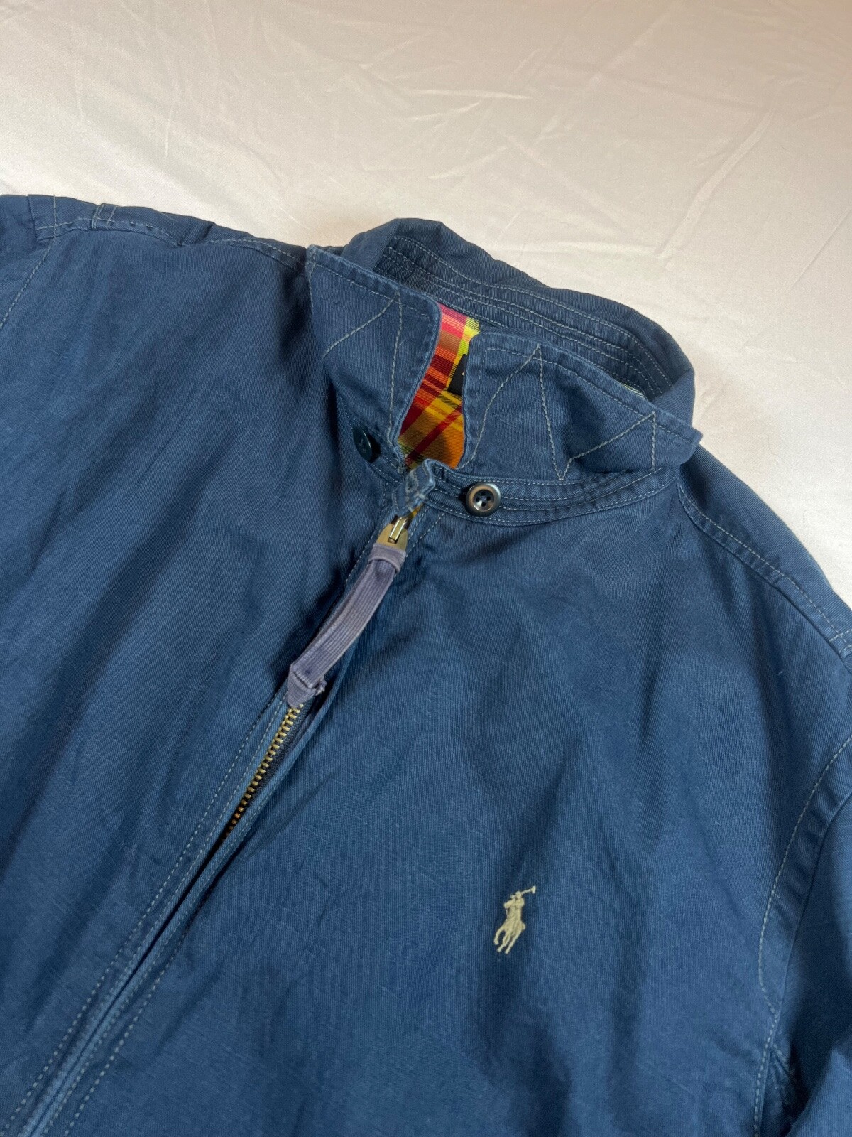Giacca vintage Polo Ralph Lauren bi swing 2XL blu foderata a quadri full zip lino pony
