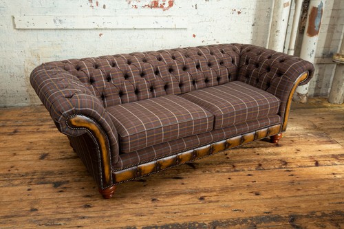 HANDMADE 3 SEATER BROWN TWEED CHECK HERRINGBONE WOOL CHESTERFIELD SOFA COUCH - Picture 6 of 10