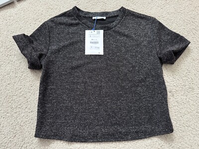 NWT ZARA Basic Black Dress T Shirt Top Gray Round Neck Cropped old money S women