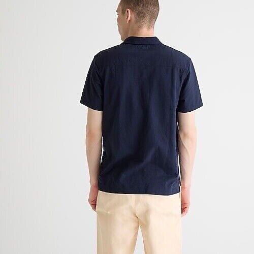 $70 NWT J. CREW Navy L camp collar knit seersucker short sleeve cotton shirt - Picture 4 of 8