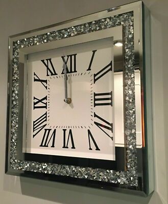 Elegante Crushed Mirror Jewel Wanduhr Roman Strass Glas Silber Zeiger 35cm
