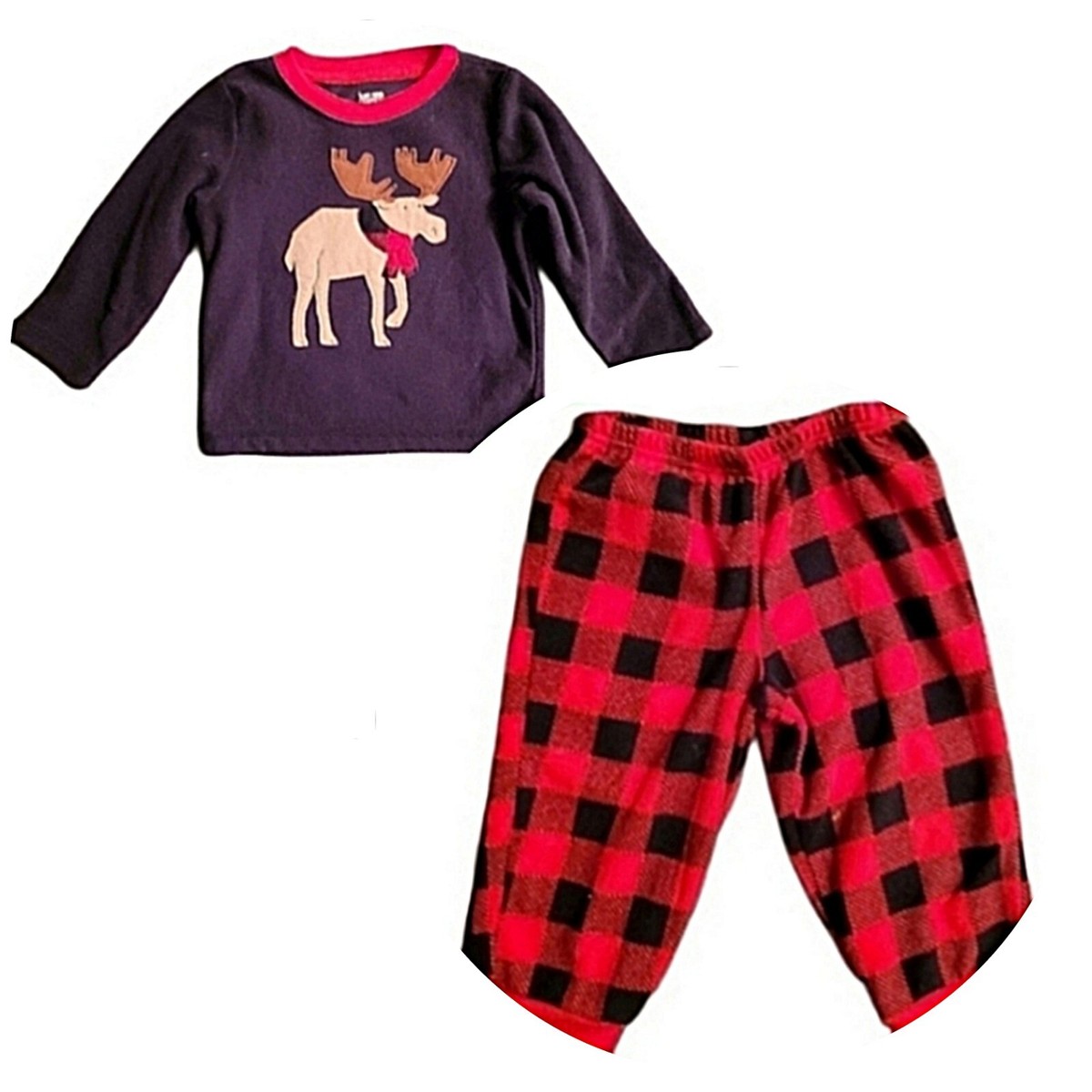 Carter's Just One You Piece Fleece Buffalo Plaid Moose Christmas PJs sz  18 mos