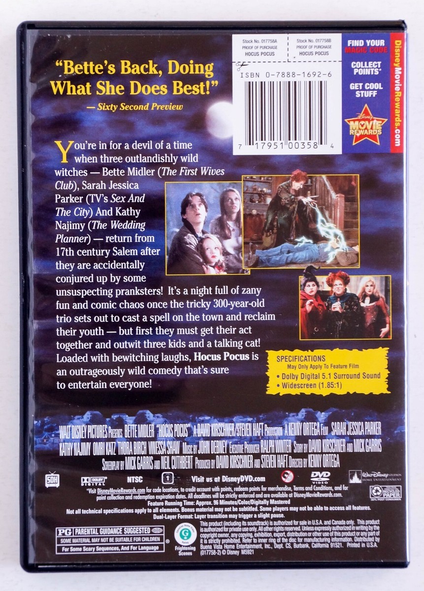 Hocus Pocus DVD, Walt Disney Pictures , Very Good Condition