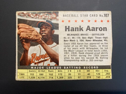 1961 Post Cereal - Hand Cut No. 107 Hank Aaron (mis-cut)