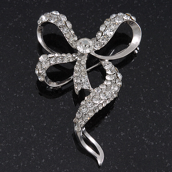 Dazzling Diamante 'Bow' Brooch In Rhodium Plated Metal - 7cm Length