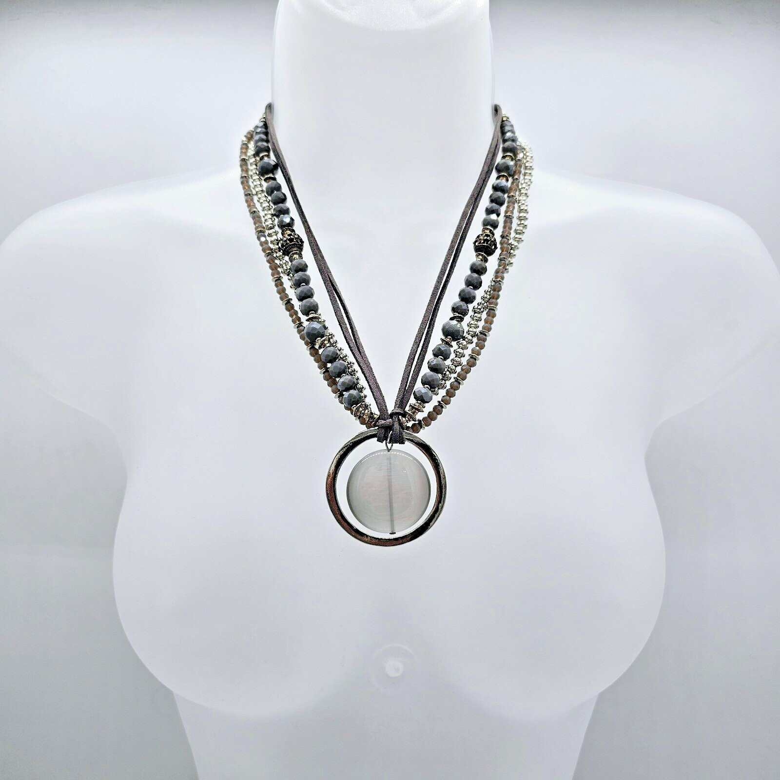 Floating Moon Statement Necklace Gray Leather Fac… - image 6