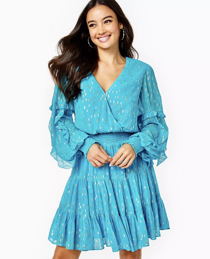 Women's Heline Ruffle Dress in Turquoise | Size 8, Viscose Metallic Dobby