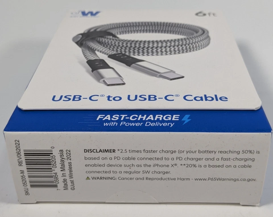 JW Just Wireless USB-C To USB-C Fast Charge Braided Nylon 6 Ft Cable Heavy Duty - Image 3 of 4