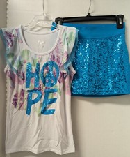 Justice 2pc Outfit HOPE Top Blue Sequin Skort Skirt Girls Sz 10 EUC