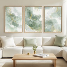 Large Framed Sage Green Abstract Wall Art for Living Room, 3 Piece Green and ...