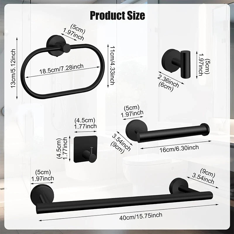 7 Pcs Black Bathroom Hardware Set Stainless Steel Towel Bar Towel Racks Hooks