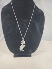Silver Tone Rhinestone Cat Pendant Necklace Cute Animal Jewelry 24 Inch Chain