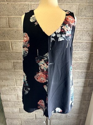 DR2 Floral Sleeveless Blouse Black V-Neck Tunic Top Size L